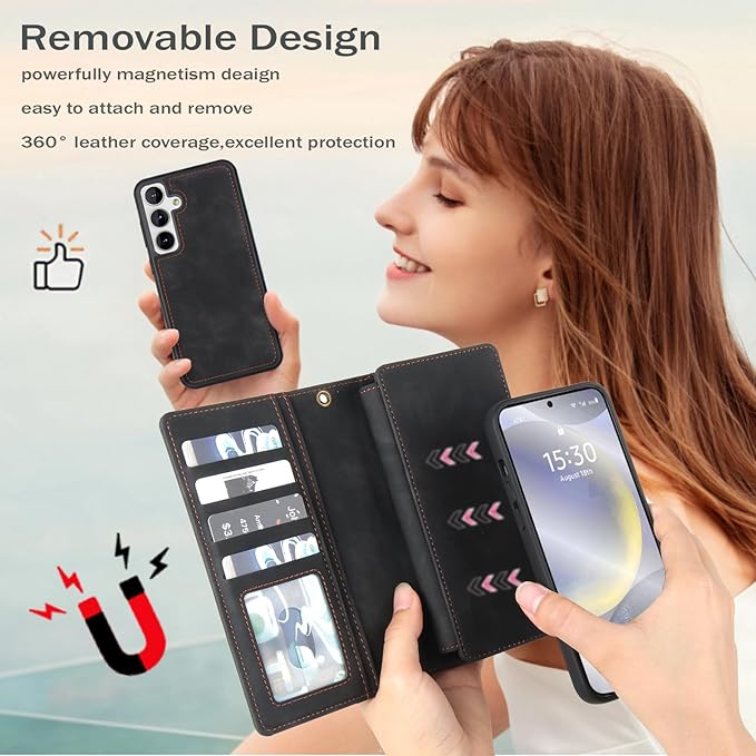 TwoHead for Samsung Galaxy S24 Wallet Case with Card Holder, Detachable Magnetic Phone Case for S24,PU Leather All-Round Protective Phone Case Wallet with Wrist Strap,Black
