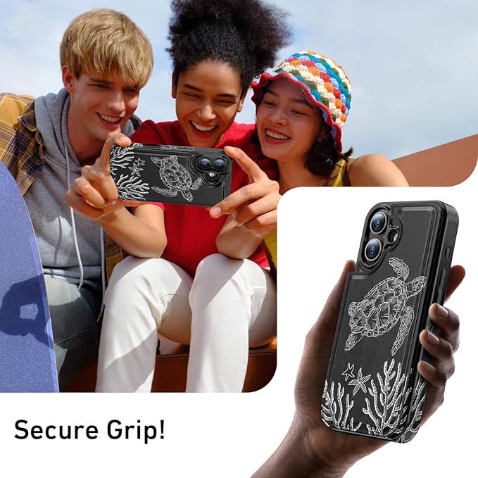 FUNMIKO for iPhone 16 Wallet Case with Card Holder, RFID-Blocking, Military-Grade Protection & UV-Printed Artwork, Magnetic Closure with Leather Kickstand - Swimming Sea Turtle