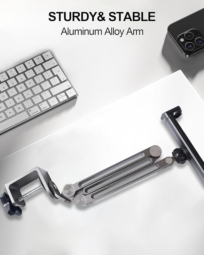 Aluminum Alloy Tablet Stand for Desk, 360° Adjustable iPad Arm Mount Foldable Phone Holder Compatible with iPad Pro Air 13/12.9/11 Mini, Portable Monitor 15.6, Samsung Galaxy, Kindle- Grey