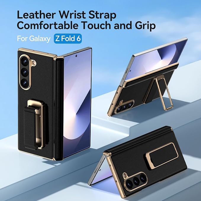 for Samsung Galaxy Z Fold 6 Case with Kickstand,【Military Grade Hinge Protection】【Camera Cover】, Scratch Resistant Shockproof Leather Phone Case for Z Fold 6 Case, Black(Back cover version)