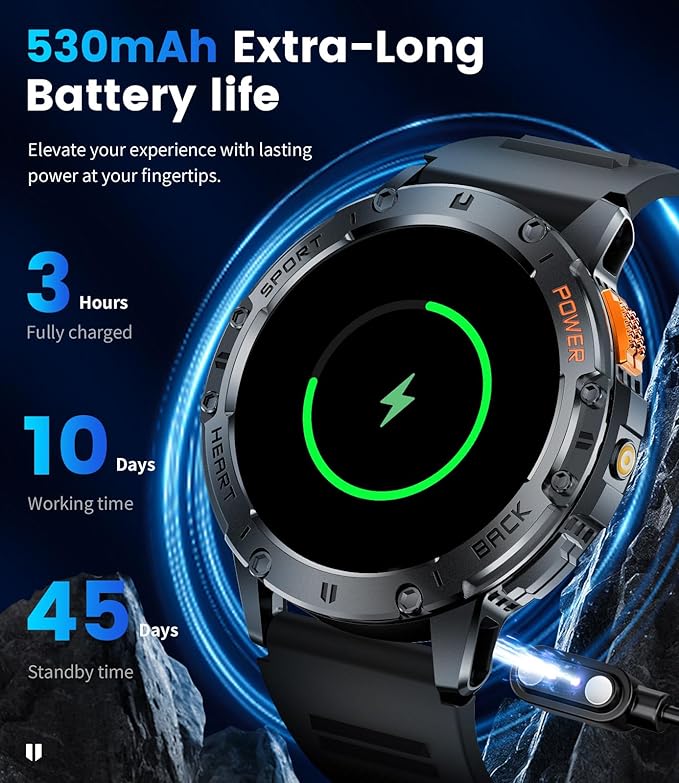 Military Smart Watches for Men(Answer/Make Calls) with LED Flashlight,530mAh Large Battery,1.43’’ AMOLED Fitness Tracker Heart Rate/SpO2/Sleep Monitor 5ATM Smartwatch for Android iOS,Silicone