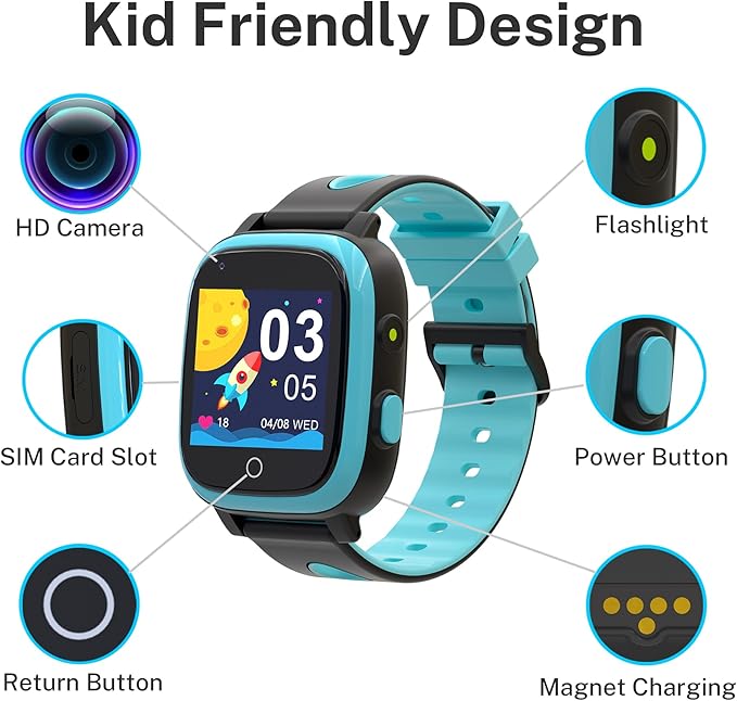 4G Kids Smart Watch Boys,GPS Watch for Kids with Video Call Voice Chat Alarm SOS Camera Pedometer Stopwatch Caculator Flashlight Kid GPS Tracker Watches Age 5-12