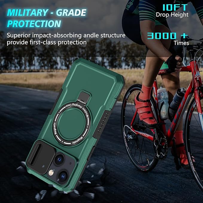 for iPhone 13 Case/for iPhone 14 Case Magnetic Compatible with MagSafe Wireless Charging,with 2 Screen Protectors,with Kickstand,with Camera Cover Shock-Absorbent Heavy Duty Protection Green