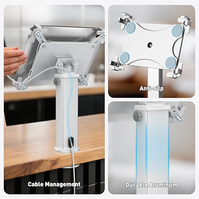 AboveTEK iPad Desk Grommet Mount, Adjustable Tablet Desk Mount with 360° Rotation & 180° Tilt, Fits 9.7"-13" Tablets, Anti-Theft iPad Stand, Heavy-Duty Aluminum Tablet Stand, Perfect for Work (Silver)