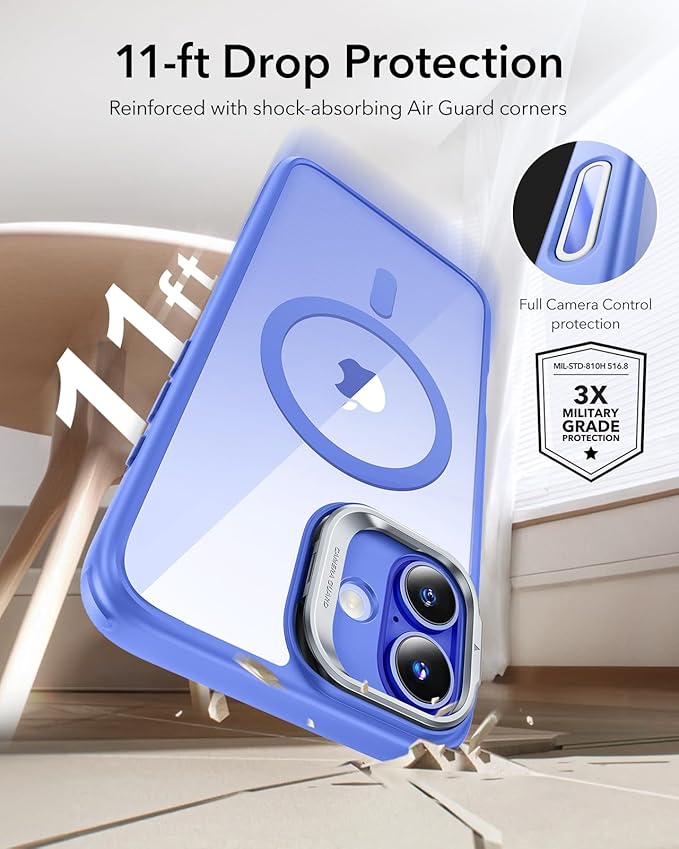 ESR for iPhone 16 Plus Case, Camera Control Button Compatible with MagSafe, Military-Grade Protective Case, Built-in Stash Stand Phone Case, Scratch-Resistant Back Cover, Classic Series, Clear Blue