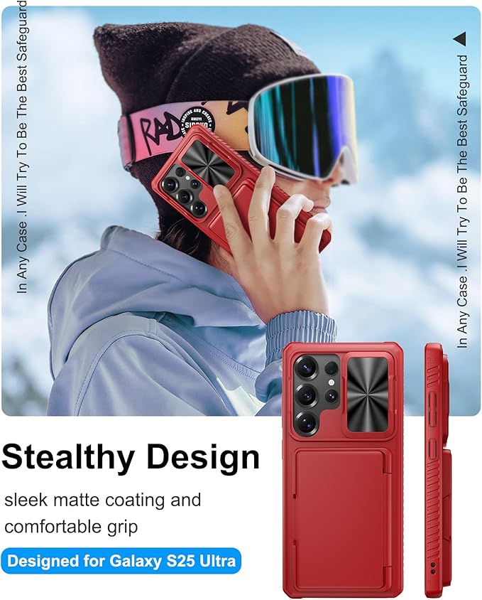 for Samsung Galaxy S25 Ultra Case Wallet, Card Holder (4-5 Cards), RFID Block, Slide Camera Cover & Military Grade Drop Proof, Heavy Duty Men Women Phone Cases for Samsung Galaxy S25 Ultra, Red