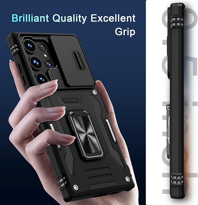 DEERLAMN Case for Samsung Galaxy S25 Ultra 6.9-Inch with Slide Camera Cover+Screen Protector, Rotated Ring Kickstand Military Grade Drop Protection Shockproof Protective Cover-Black