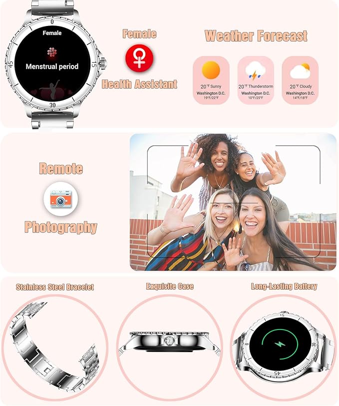 Smart Watch for Women, 1.27" HD Display,Answer/Make Calls, IP68 Waterproof Sports Women's Smartwatch, Fitness Tracker,Heart Rate Monitor, Pedometer – Compatible with Android & iOS (Silver)