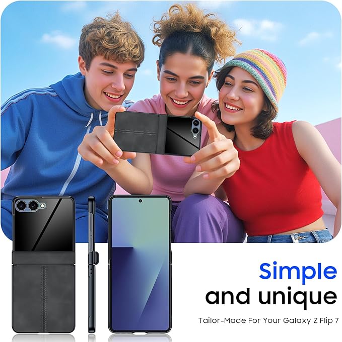 for Samsung Galaxy Z Flip 7 Case with Hinge Protection & Built-in Privacy Screen, Ultra Thin Stylish Leather Matte PC Durable Shockproof Cover Phone Case for Galaxy Z Flip 7-Black