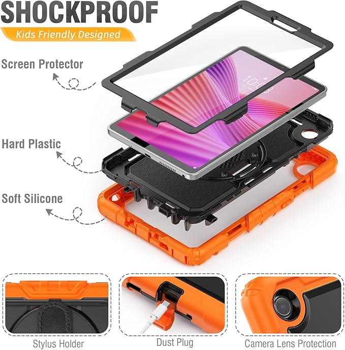 HXCASEAC Case for Lenovo Tab One/Tab K9 2025 (TB-305FU) 8.7 inch, with Screen Protector/Rotating Hand Strap/Sturdy Stand, Protective Cover for Lenovo one Tablet - Orange
