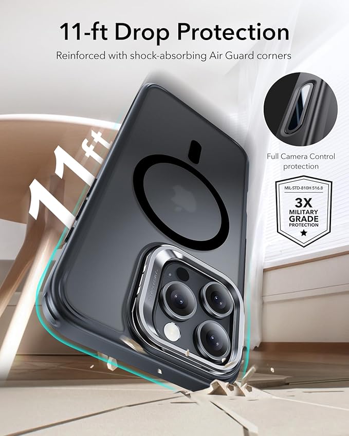 ESR for iPhone 16 Pro Case,Camera Control Button Compatible with MagSafe, Military-Grade Protective Case, Built-in Stash Stand Phone Case, Scratch-Resistant Back Cover, Classic Series, Frosted Black