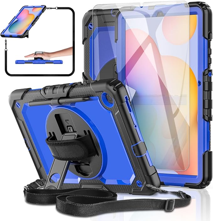 Case for Samsung Galaxy Tab S6 Lite Case 10.4" 2024/2022/2020 with Tempered Glass Screen Protector, Rotatable Kickstand/Hand & Shoulder Strap/S Pen Holder (Blue)
