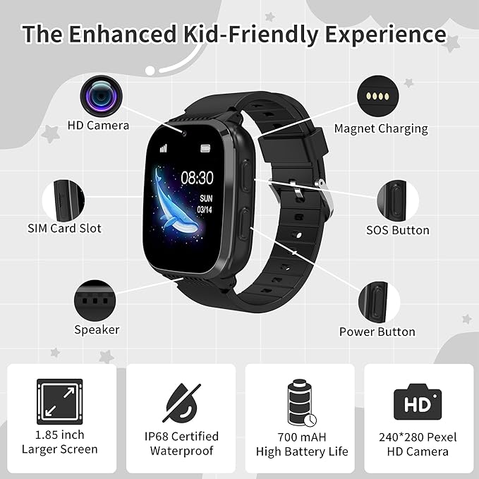 4G Kids Smart Watch Boys with GPS Tracker Video Calling Texting, Waterproof Smartwatches Age 5-13, One-Key SOS Call Voice Chat Cell Phone Watch with Alarm Clock Game HD Camera (Black)