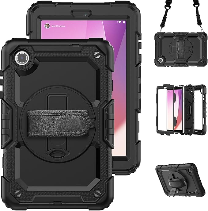 for Lenovo Tab M8 Case 4th Gen 2023 (TB-300FU) Case, with Screen Protector, Hand Strap, Shoulder Strap, Rotating Stand for Lenovo M8 8.0 Inch 2023 Release Black