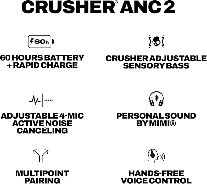 Skullcandy Crusher ANC 2 Wireless Over-Ear Bluetooth Headphones with Multi-Sensory Bass, Active Noise Cancelling, Up to 60 Hours Battery, Microphone for iPhone Android - Plasma