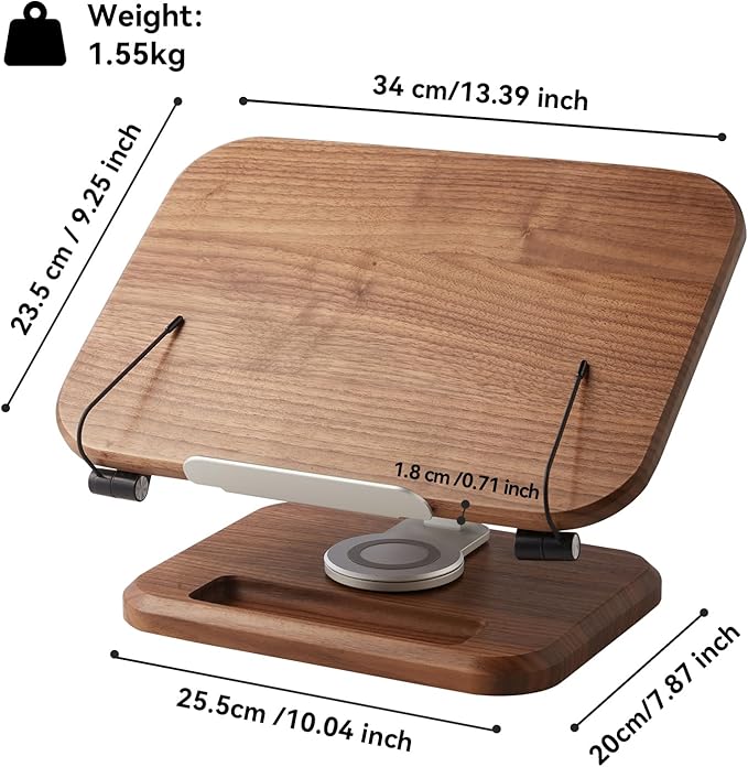 Book Stand for Reading, Mayhas Adjustable Book Holder with 360° Swivel Base&Page Clips, Foldable Desktop Stand for Cookbook, Fits All Books (Walnut, Wood Base)