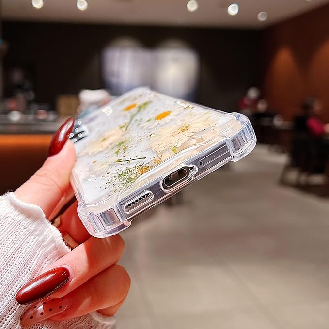 Compatible with Samsung Galaxy S25 Case Cute Pressed Dried Real Flowers Design Women Girly Shockproof Glitter Floral Clear Phone Cover for Galaxy S25 (White Flower)