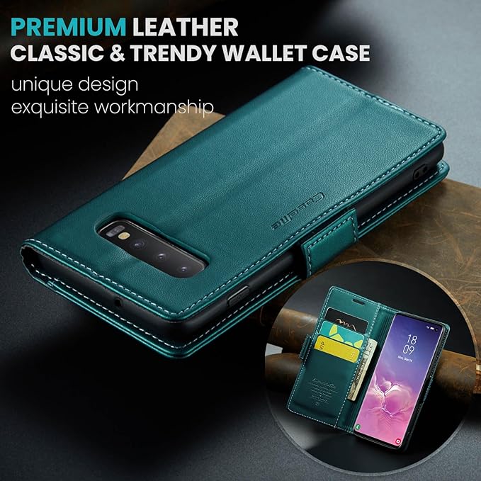 Case for Samsung Galaxy S10 Wallet Case, RFID Blocking PU Leather Flip Folio Cover Card Holder Kickstand Shockproof Phone Case Compatible with Samsung Galaxy S10, Blue Green