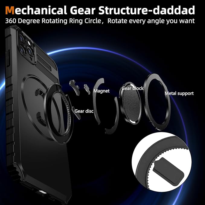 for iPhone 15 Pro Max Case Magnetic Compatible with MagSafe,with 2 Screen Protector,Built-in Camera Cover+Kickstand Ring,Military Grade Drop Shockproof Heavy Duty Protection Phone Bumper Black