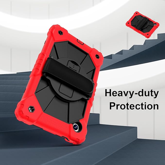 for Samsung Galaxy Tab A9 Case 8.7 inch (SM-X110/X115/X117), Heavy Duty Shockproof Silicone Cover Rugged 360 Stand Hand Shoulder Strap for Galaxy A9 Tablet Red+Black