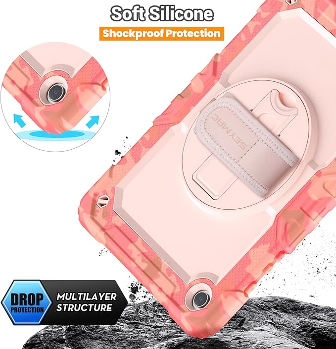 SEYMAC Case for Samsung Galaxy Tab A9+/ A9 Plus 11" (SM-X210/X216/X218), Heavy Duty Shockproof Protective Case with Screen Protector, Rotating Stand, Hand/Shoulder Strap, Multicolor/Pink