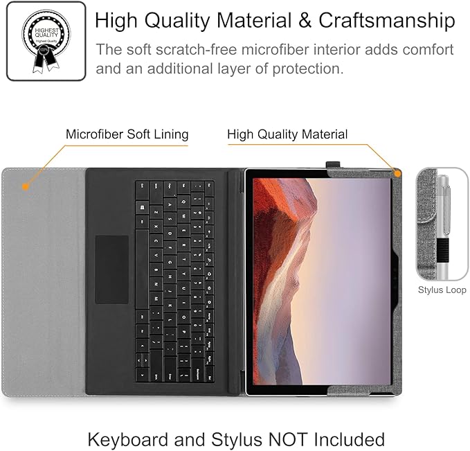 Fintie Case for 12.3 Inch Microsoft Surface Pro 7 Plus, Surface Pro 7/6/5/4/3 - Portfolio Business Cover with Pocket, Compatible with Type Cover Keyboard, Gray/Brown