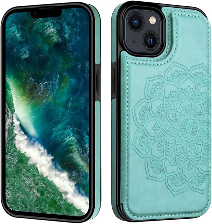 MMHUO for iPhone 14 Case with Card Holder, Flower Magnetic Back Flip Case for iPhone 14 Wallet Case for Women, Protective Case Phone Case for iPhone 14,Mint