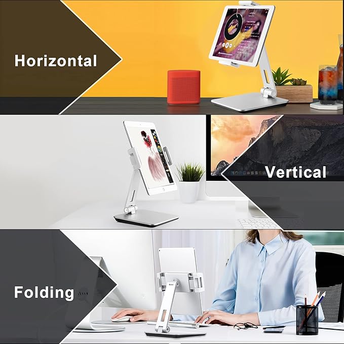 Tablet Stand Adjustable & Foldable, 360° Swivel Heavy Aluminum Tablet Holder for Desk, Compatible with iPad Pro/Air/Mini, Galaxy Tab, Surface Pro, Kindle Fire (7-13") (Silver)