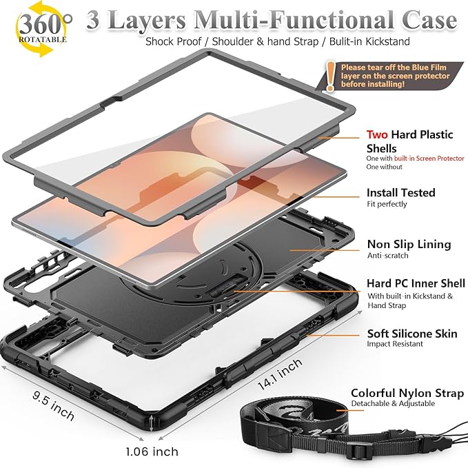 SEYMAC stock Case for Samsung Galaxy Tab S10 Ultra / S9 Ultra Tablet Case 14.6'' Protective with Screen Protector, Pen Holder, 360 Rotate Stand, Hand Strap, Shoulderr Strap, Black1