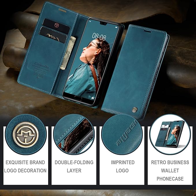 for Huawei P20 Pro Case, Flip Wallet Leather Case with Card Holder Magnetic Closure Shockproof Kickstand Protective Phone Cases Cover for Huawei P20 Pro,Blue-Green