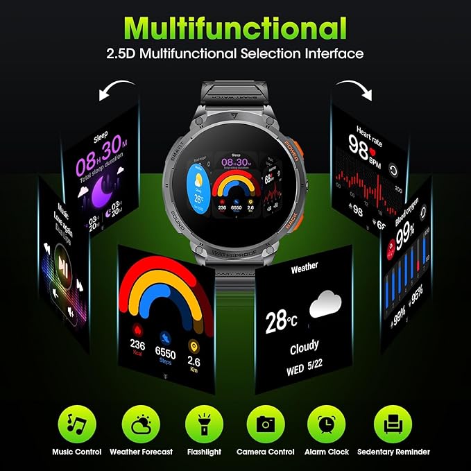 Military Smart Watches for Men, 1.85" HD Large Screen Smart Watch, Flashlight/730mAh/110+ Sports Modes Fitness Tracker Watch, Waterproof Mens Smart Watch for Android Phones iPhone Compatible