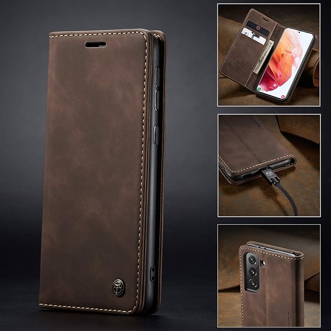 for Samsung Galaxy S21 Case, Flip Wallet Leather Case with Card Holder Magnetic Closure Shockproof Kickstand Protective Phone Cases Cover for Samsung S21,Coffee