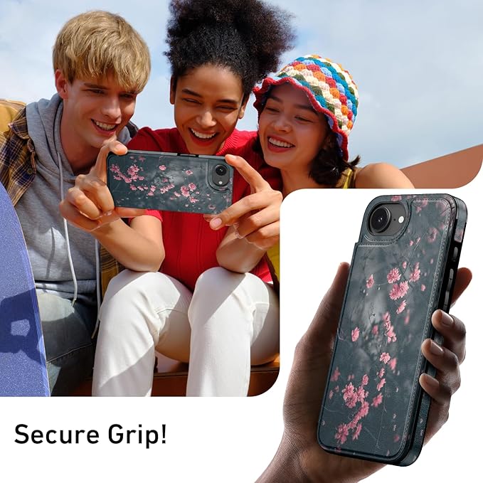 FUNMIKO for iPhone 16e Wallet Case with Card Holder, RFID-Blocking, Military-Grade Protection & UV-Printed Artwork, Magnetic Closure with Leather Kickstand - Mystic Blooming Plum