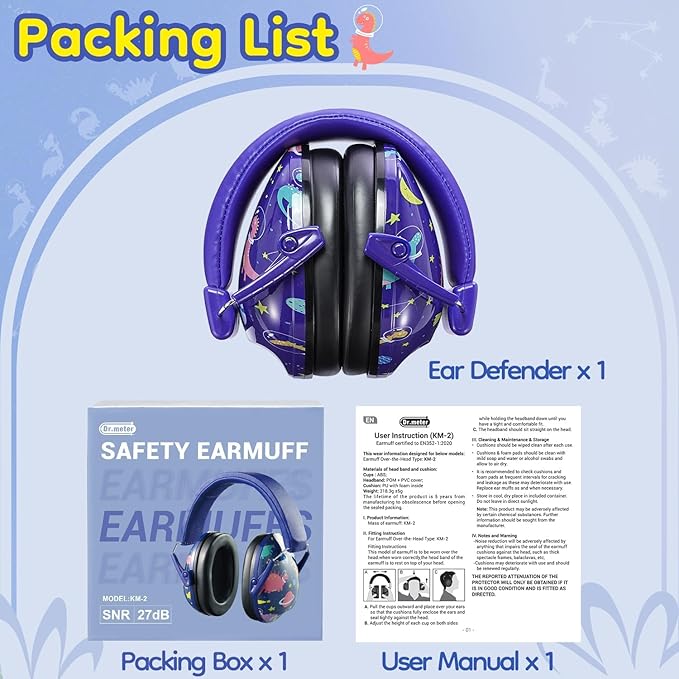 Dr.meter Noise Cancelling Headphones for Kids Adults: 27SNR Adjustable Ear Muffs for Noise Reduction- Kids Ear Protection for Monster Jam, Airplane, Fireworks, Concerts and Sports Events