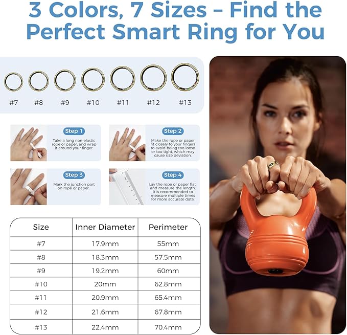 Smart Ring with Instant Notification Alerts & Gesture Control - Sleep Tracker Ring, Fitness Ring for Steps & Heart Rate, IP68 Waterproof (Gold, 7)