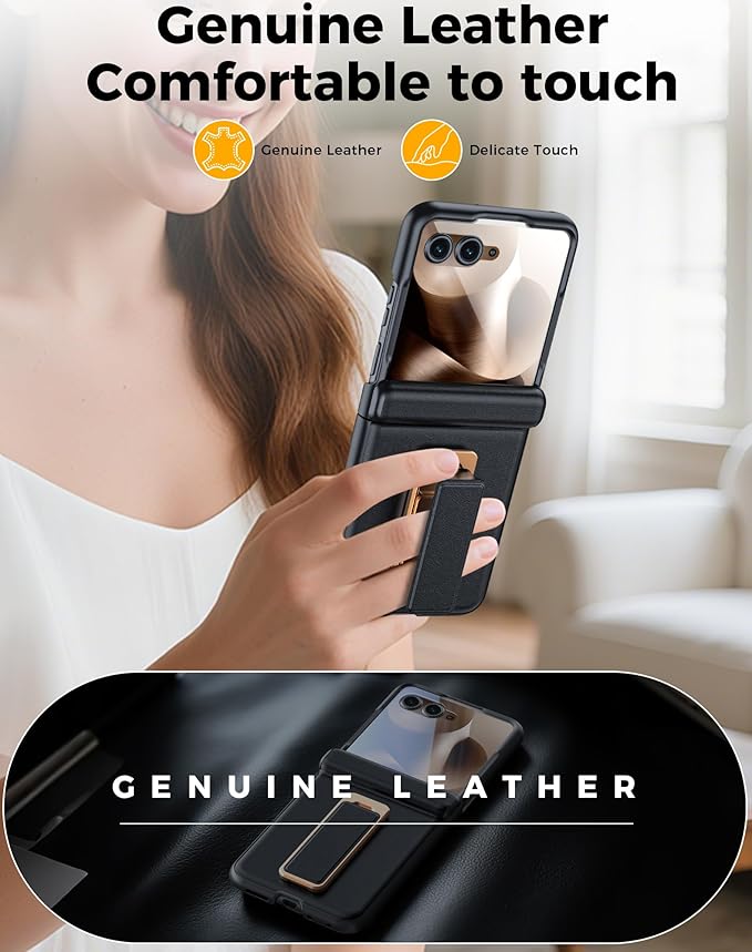 for Motorola Razr Ultra 2025 Case, Built-in Screen Protector & Hinge Protection & 360° Spin Stand & Hand Strap, Ultra Thin Genuine Leather Shockproof Phone Case for Razr Ultra 2025(Black)
