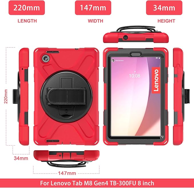 TSQQST for Lenovo Tab M8 Tablet Case 4th Gen 2024 203 Model TB301XU/TB-300FU for Kids | Silicone Rugged Protective Case with Rotating Stand Hand Strap Shoulder Strap for Lenovo Tab M8 Tablet | Red