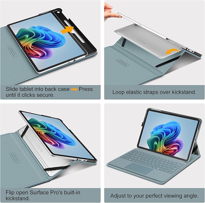 Fintie Case for Microsoft Surface Pro 12 Inch 1st Edition (2025), Multiple Angle Viewing Portfolio Business Cover with Pocket & Stylus Holder, Compatible with Type Cover Keyboard (Ocean Blue)