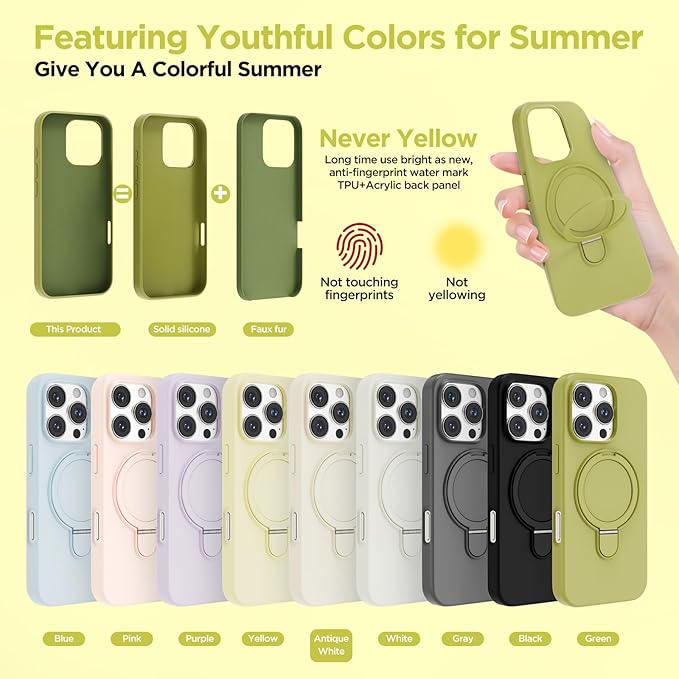 Magnetic Stand for iPhone16 Pro Max Case with Kickstand 【Lab-Certified Protection】【Not Yellowing】【Anti-Fingerprint】 Durable, Enhanced Grip, Slim,Green,iPhone 16 Pro Max 6.9"