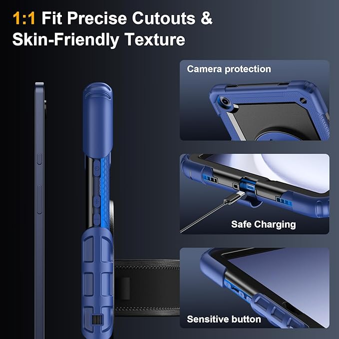Case for Samsung Galaxy Tab A9+/A9 Plus 11 Inch 2023(SM-X210/X216/X218), Ubearkk Full-Body Drop Protection Case with Screen Protector, 360° Rotating Stand and Hand/Shoulder Strap, Navy Blue