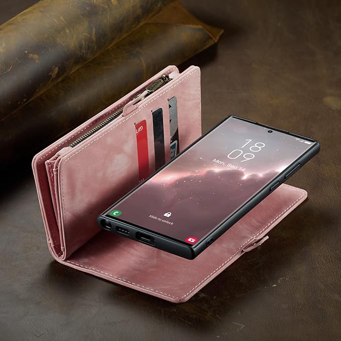 SZHAIYU 2 in 1 Detachable for Samsung Galaxy S23 Ultra Wallet Case with Card Holder, Retro Premium Flip Leather Cover Magnetic Zipper Pocket Phone Cases 6.8'' (Pink,S23 Ultra)