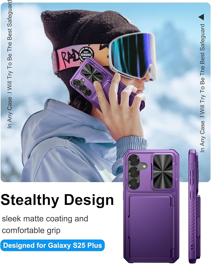 for Samsung Galaxy S25+ Plus Wallet Case, Card Holder (4-5 Cards), RFID Block, Slide Lens Cover, Military Grade Drop, Rugged Heavy Duty Men Women Phone Case for Samsung Galaxy S25 Plus, Purple