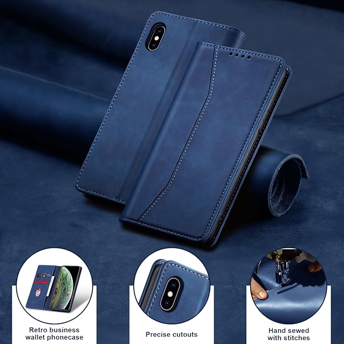 Jasonyu Flip Wallet Case for iPhone X/XS,Leather Magnetic Folio Cover with Card Holder,Kickstand - TPU Shockproof Durable Protective Phone Case,Blue