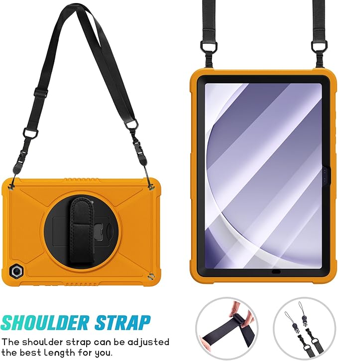 ZtotopCases for Samsung Galaxy Tab A9+ / A9 Plus 11'' 2023 (SM-X210/X216/X218), Shockproof Hard Duty Case with Screen Protector+360 Rotating Hand Strap&Stand+Shoulder Strap for Tab A9+ Tablet, Orange