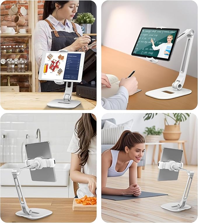 Tablet Stand Universal Holder for 4.9" - 12.9" Devices, 360° Rotating Security Stand for iPad, iPad Air, Samsung, Height Adjustable Foldable Table Top (White)