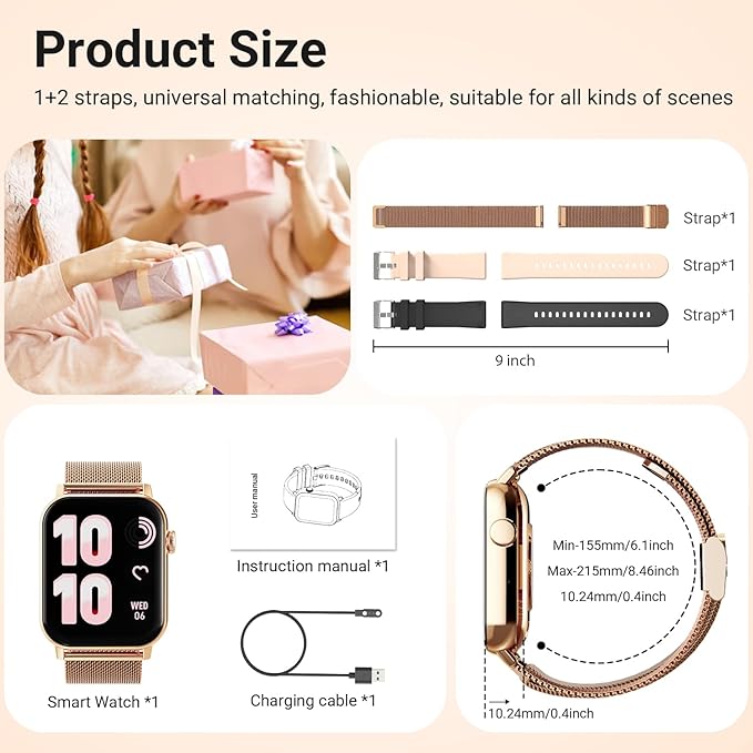 Smart Watches for Women, 1.83" HD Fitness Tracker (Answer/Make Calls), 120+ Sport Modes with Heart Rate/Sleep Monitor, IP68 Waterproof, Fitness Watch for iOS Android, Gold