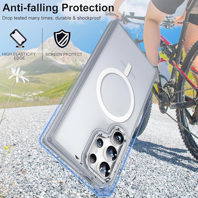 for Samsung Galaxy S24 Ultra Case, Magnetic Cover Compatible with Magsafe, Metal Camera Frame, Drop Protection Silky Translucent Phone Case for Galaxy S24 Ultra (Grey/White)
