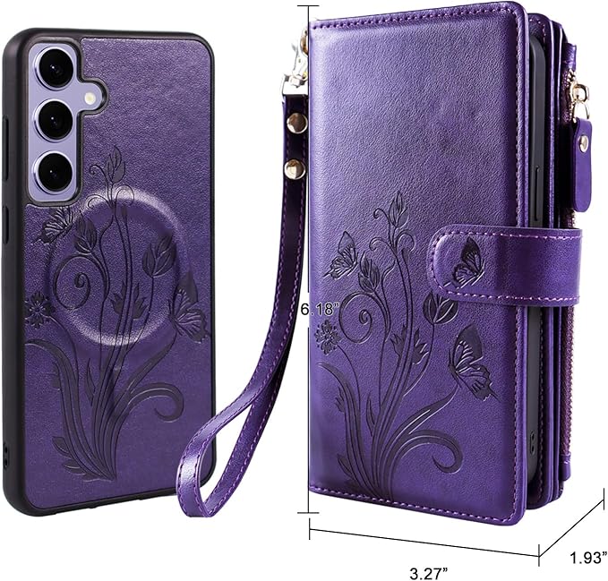Lacass for Samsung Galaxy S24 Case Wallet,Compatible with MagSafe 2 in 1 Magnetic Detachable PU Leather RFID Blocking Wallet Cover Card Holder Zipper Wrist Strap Lanyard,Floral Purple