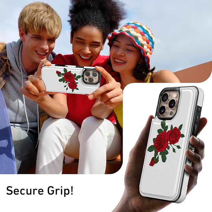 FUNMIKO for iPhone 16 Pro Max Wallet Case with Card Holder, RFID-Blocking, Military-Grade Protection & UV-Printed Artwork, Magnetic Closure with Leather Kickstand - Blooming Red Rose