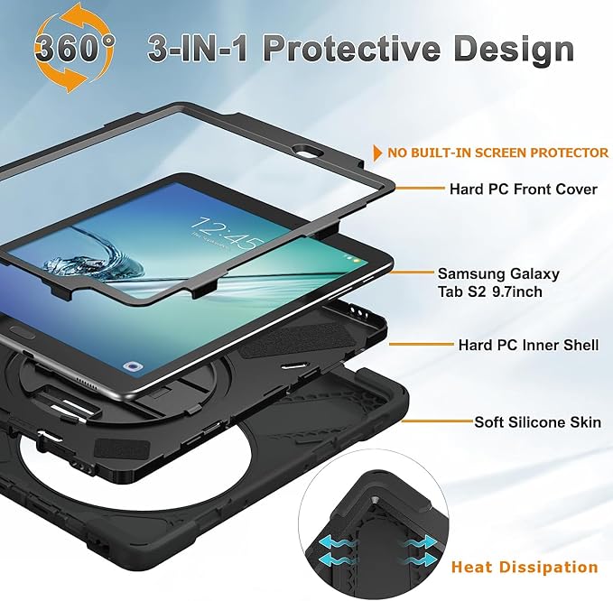 Galaxy Tab S2 9.7 Case - Dropproof Shockproof Heavy Duty Tablet Cover Rotatable Kickstand Handle Stand Hand Strap Shoulder Belt Carrying Case for Samsung SM-T810/T813/T815/T817/T818/T819 9.7" Black